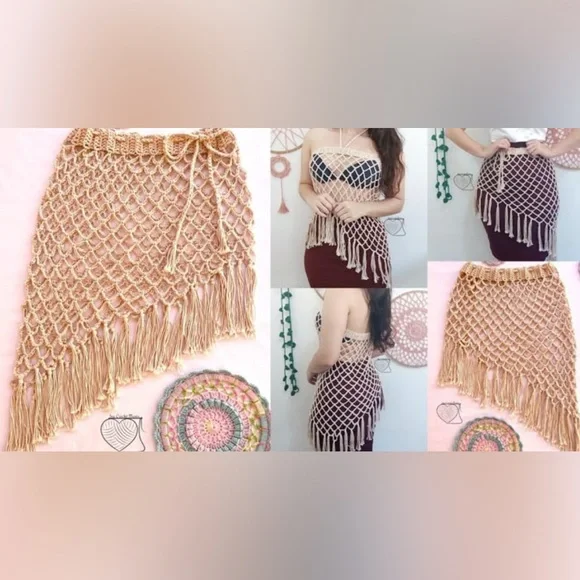 Vintage Boho Macrame Fringe Cover-Up Skirt/TopAdjustable Vacation Summer Resort - Picture 2 of 5